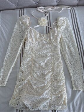 For Love & Lemons Ivory Lace Long-Sleeve Mini Wedding Dress